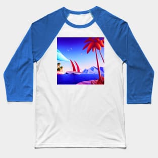 A Yacht With Red Sails Arriving At A Tropical Island With Reddish Looking Trees In The Foreground. Baseball T-Shirt